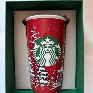 Starbucks 2016 Snowy Winter Trees Ceramic Travel Mug Lid 16oz NWB Green White